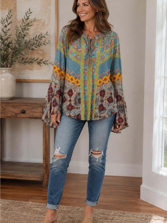 Umgee Tops - Umgee M Multicolor Boho Print Long Sleeve Tunic Blouse Boho Artsy Festival